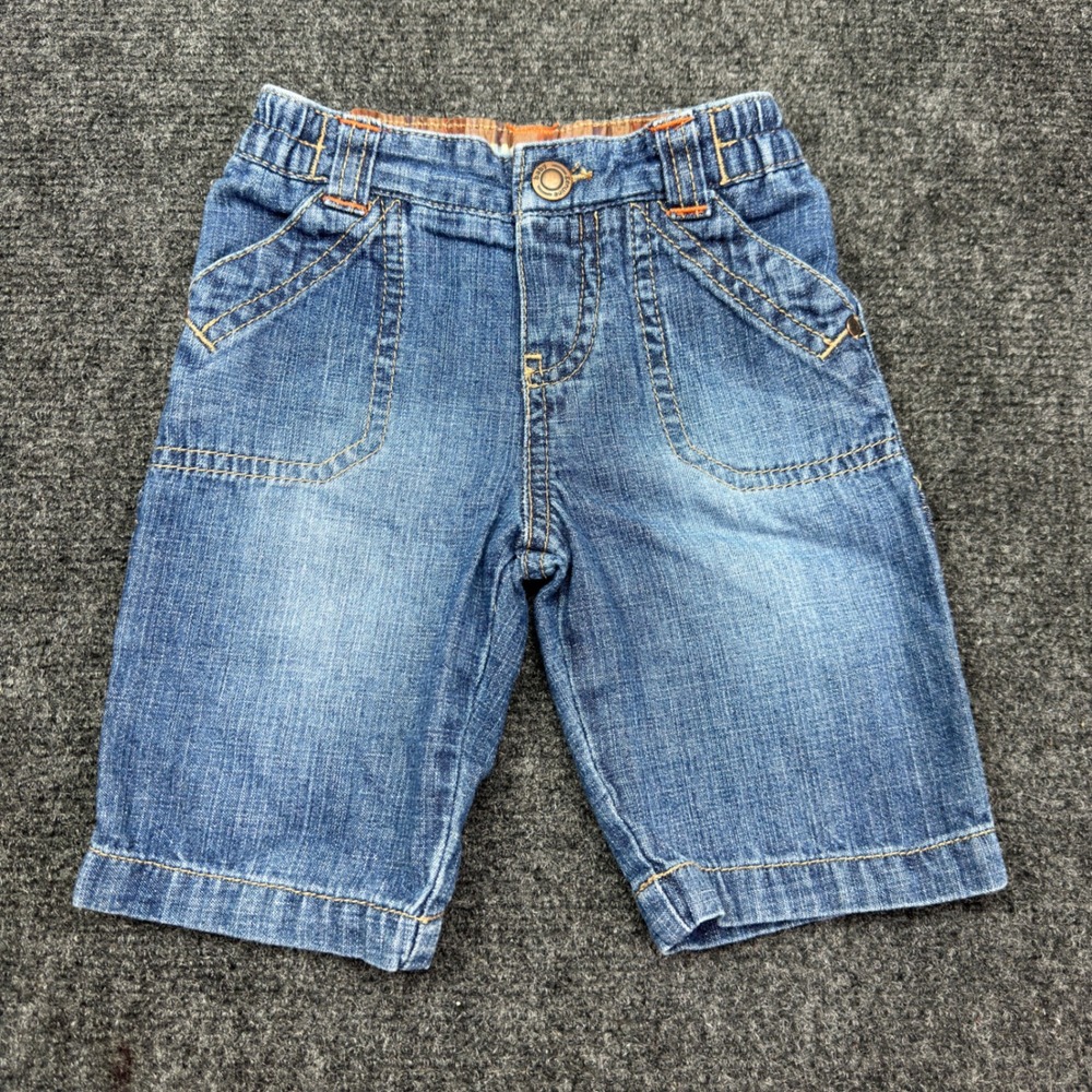 Genuine Baby OshKosh Blue Denim Shorts 3M Elastic Waist Plaid Trim Cotton
